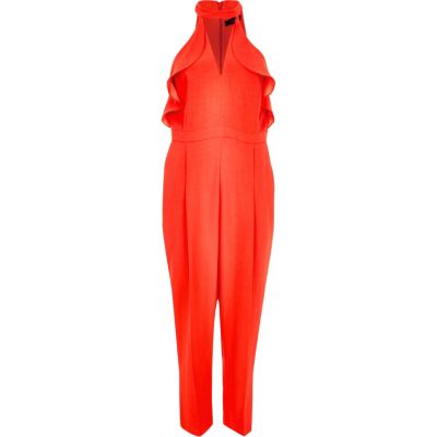 Red frill plunging jumpsuit